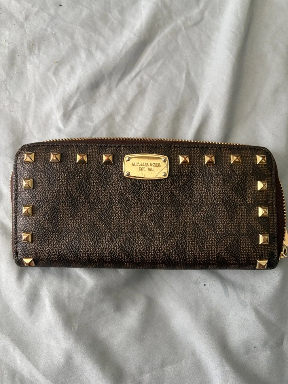 Michael Kors Brown Logo Stud Zip Wallet with Gold Accents